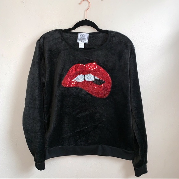 Mentally Exhausted Tops - Black Fun Fuzzy Red Sequin Lips Graphic Sweatshirt